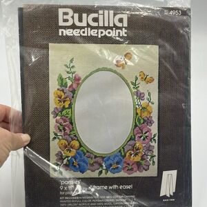 Vintage New Bucilla Needlepoint 'Pansies' Frame with Easel Kit 9" x 11" #4953